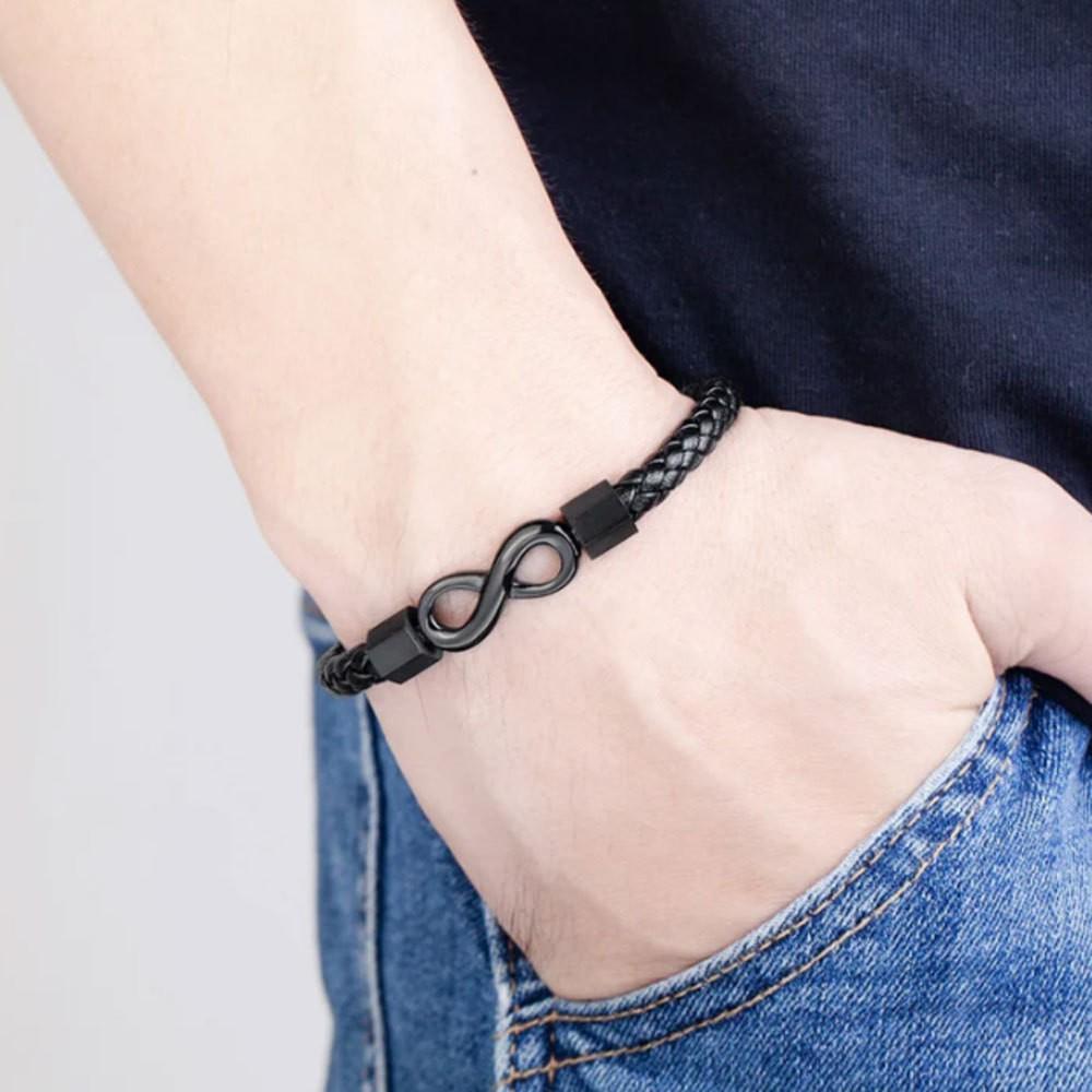 Infinity Bracelet Stainless Steel Personalized  Mens Braided Genuine Leather Bracelet Bar Engrave Name Charm Bracelets for Men
