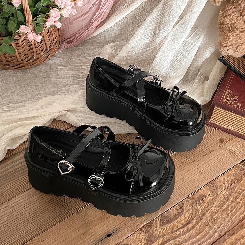 Fashion bow black French platform small leather shoes women's 2025 new spring retro versatile height-increasing Mary Jane shoes