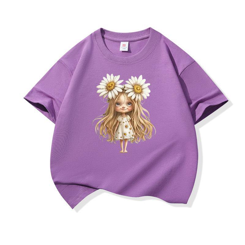 Kids Cotton T Shirt White Daisy Girl Print Crew Neck Short Sleeve Tee Casual Breathable Boys Girls Summer Tops