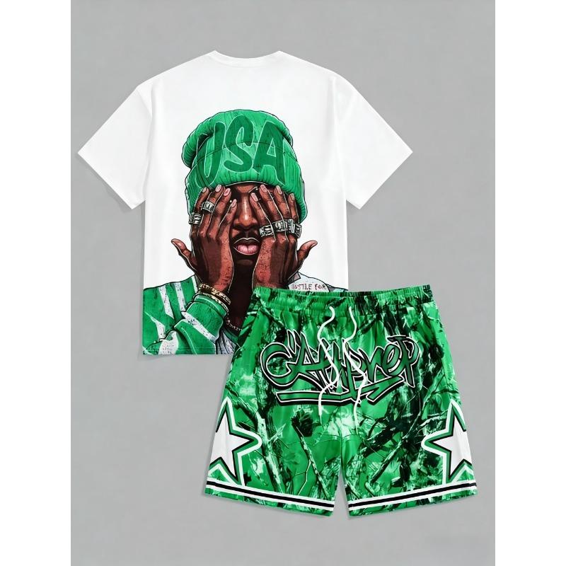 2026 Summer New Men's Short-Sleeved Shorts Set with 3D Pattern Printing