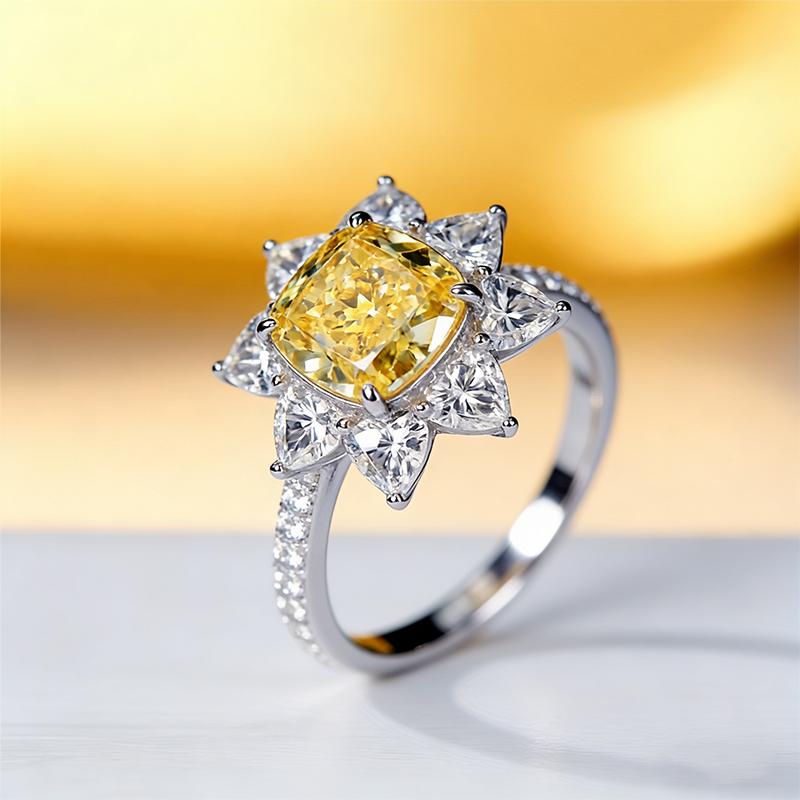 Simple and exquisite floral yellow diamond zircon ring with versatile temperament, high-end feeling, floral full diamond ring