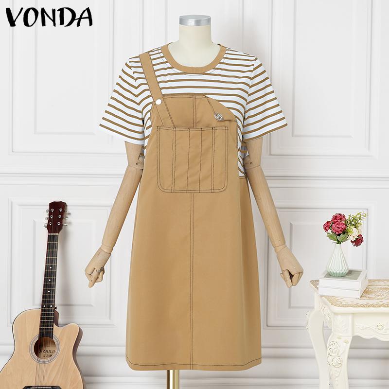 

VONDA Летнее женское платье-туника с круглым вырезом и короткими рукавами в полоску в стиле пэчворк S хаки