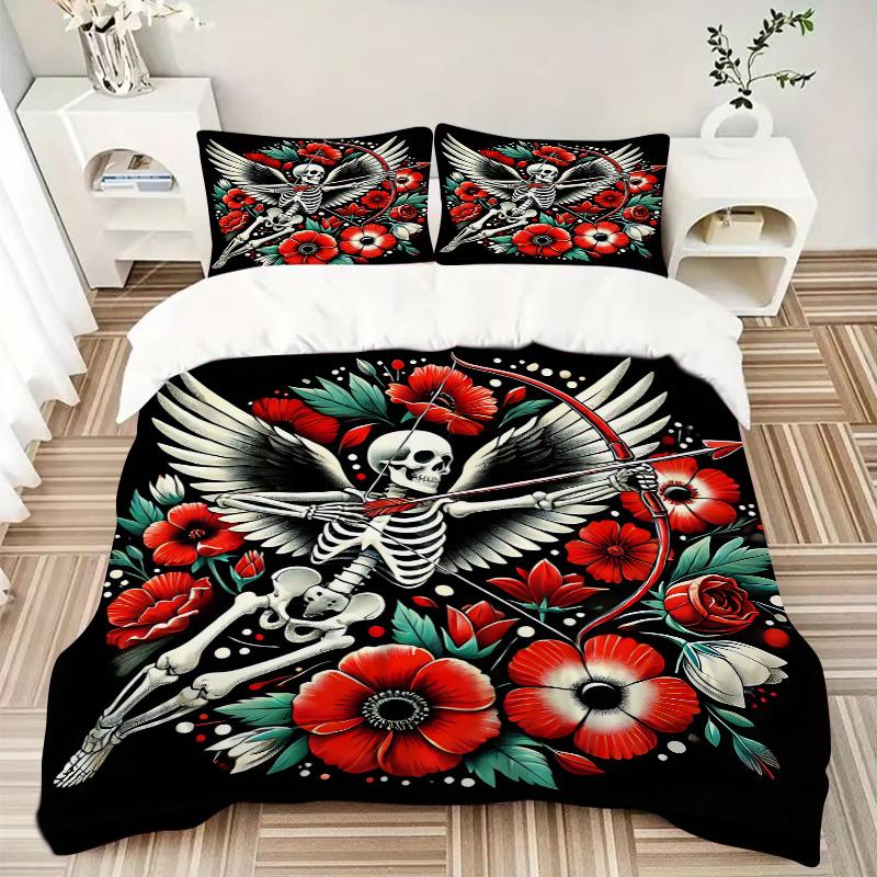 3pcs Skull with Wings Quilt Cover Set (1 Quilt Cover + 2 Pillowcases Without Pillow Core), High-Definition Printing for Home and Dormitory.J082