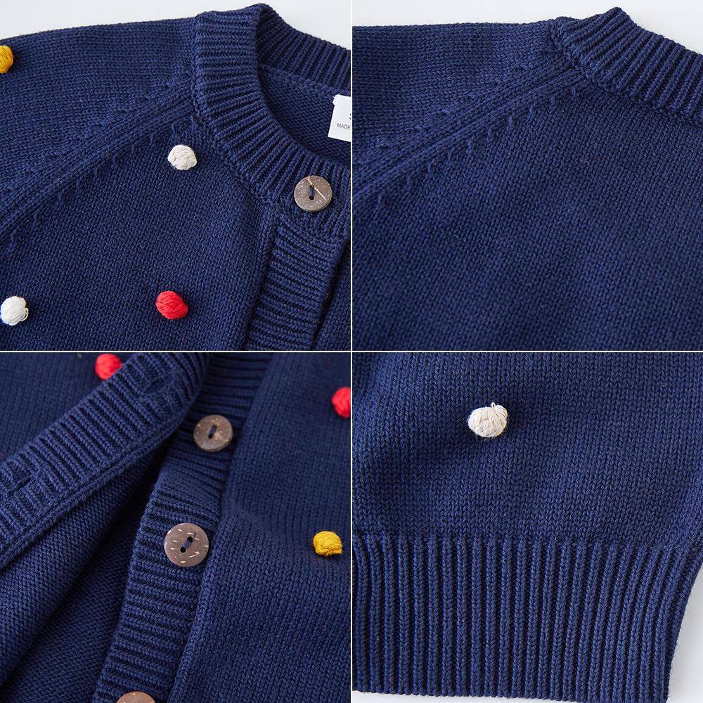 Primavera e Outono Gola Redonda Crochê à Mão Bola Colorida Casaco Cardigan Infantil Algodão Puro Meninas Cardigan Tricotado