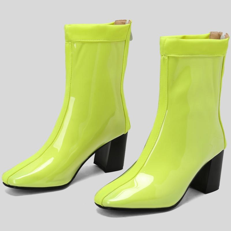 Waterproof Women's Ankle Boots New 2025 Winter Block Heels Fashion Rain Boot Patent Yellow Blue Red Pink Party Shoes Large Size