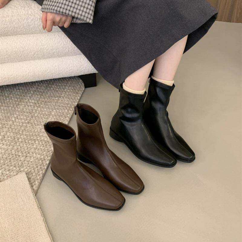 2026 Woman Autumn Ankle Boots for Women Chunky Heel Zipper Ladies Leather Shoes Soild Color Square Toe Short Botas Femininas