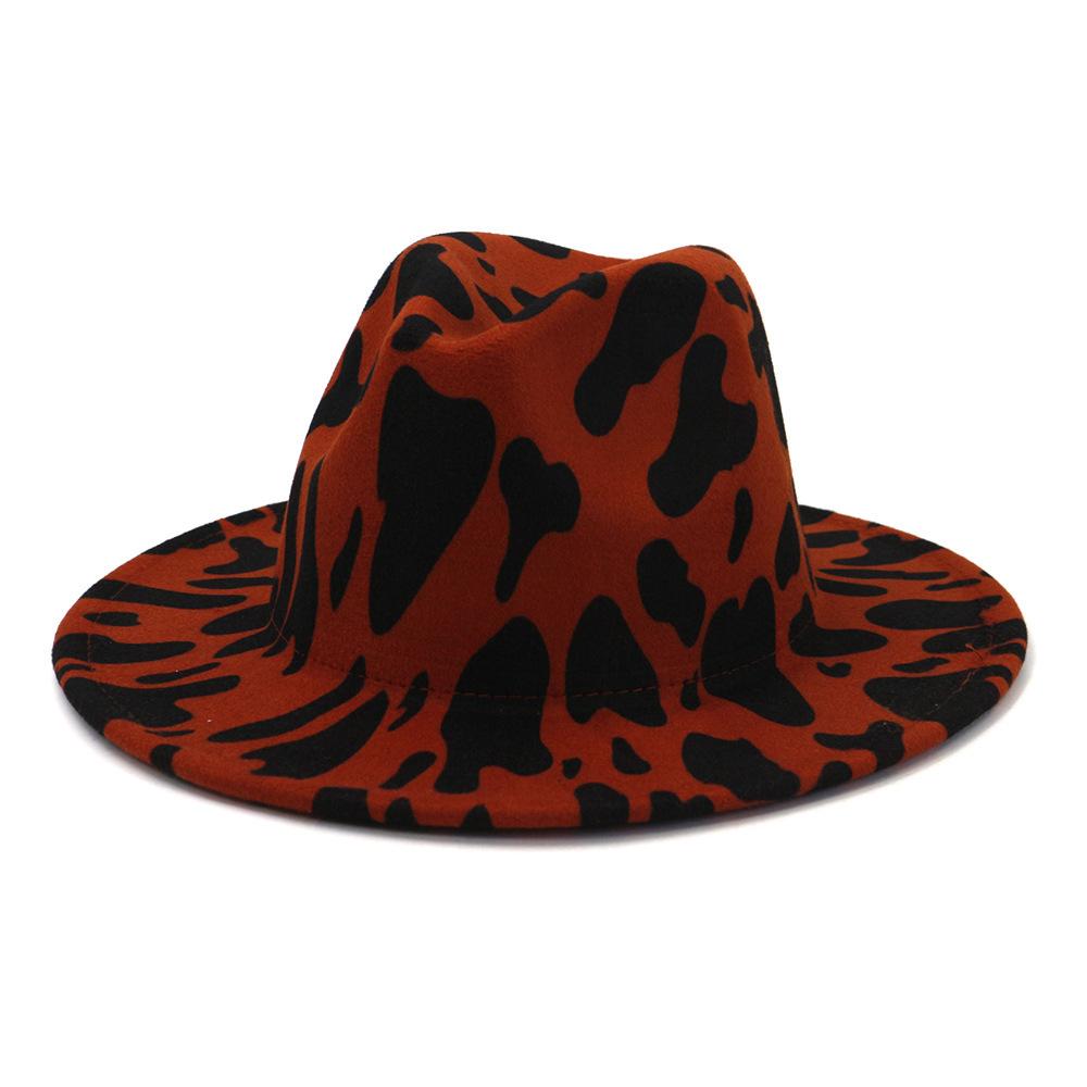 New Six-Color Cow Pattern Top Hat, Men'S And Women'S Color Matching Woolen Big Eave Hat, Jazz Hat, Stage Felt Hat