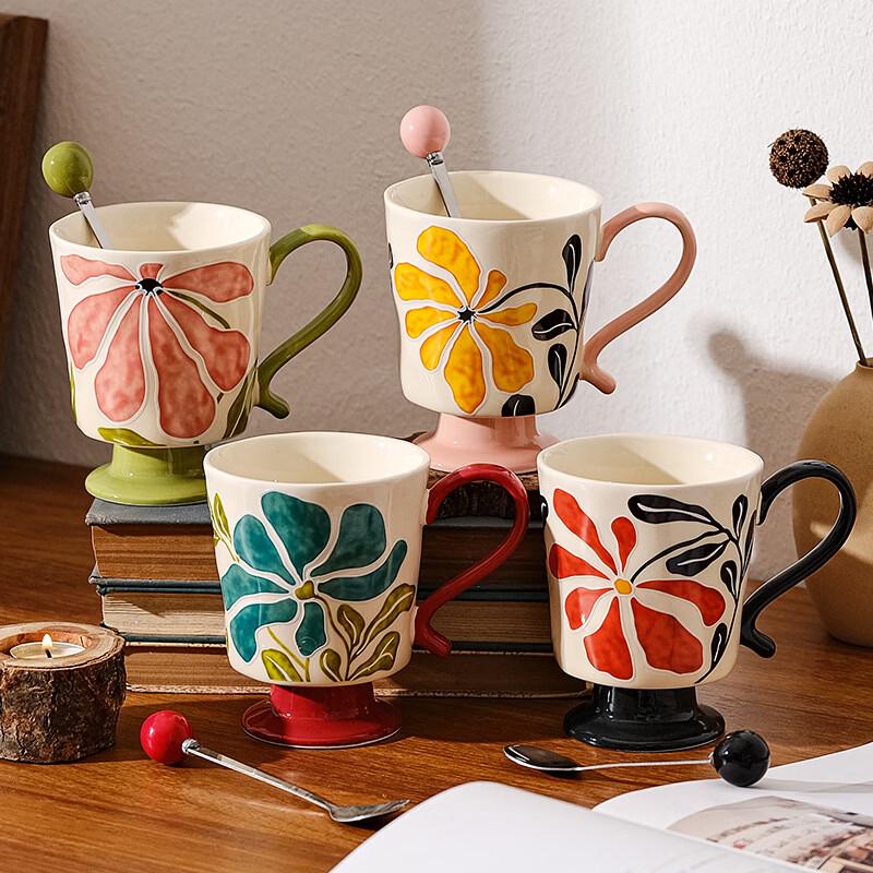 Retro Embossed Ceramic Coffee Mug with Spoon
