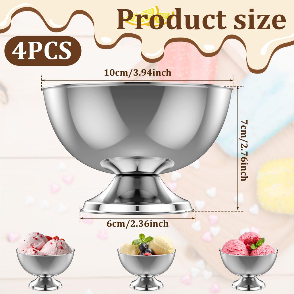 4Pcs Stainless Steel Ice Cream Bowl with 4 Forks 250ml Dessert Goblet Pudding Cup Sundae Cup Salad Bowl Kitchen Party Tableware