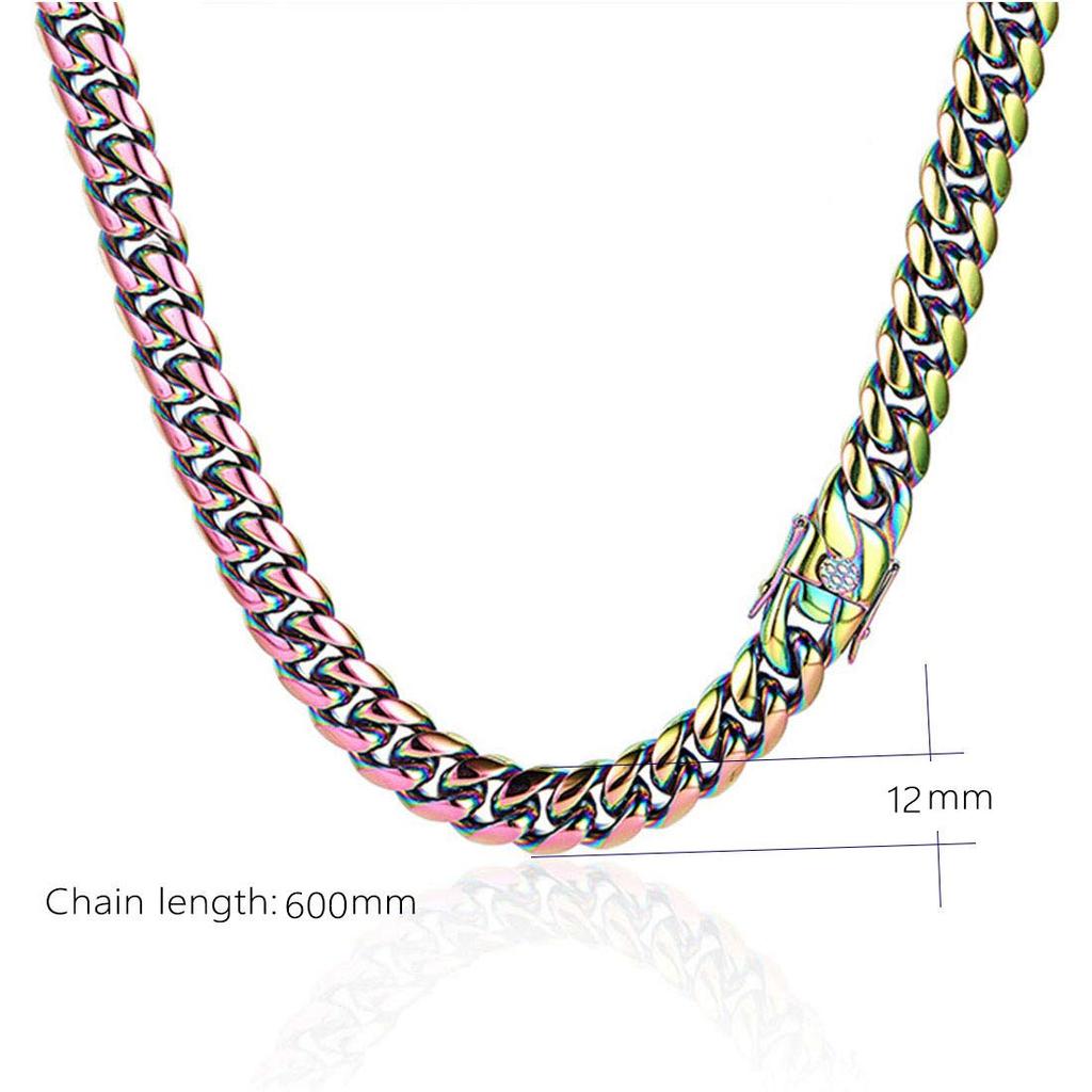 Necm Men's Titanium Rainbow-Colored Wide Cuban Chain Necklace with a Metallic Touch, Simple Design, Curb Chain, Western Style