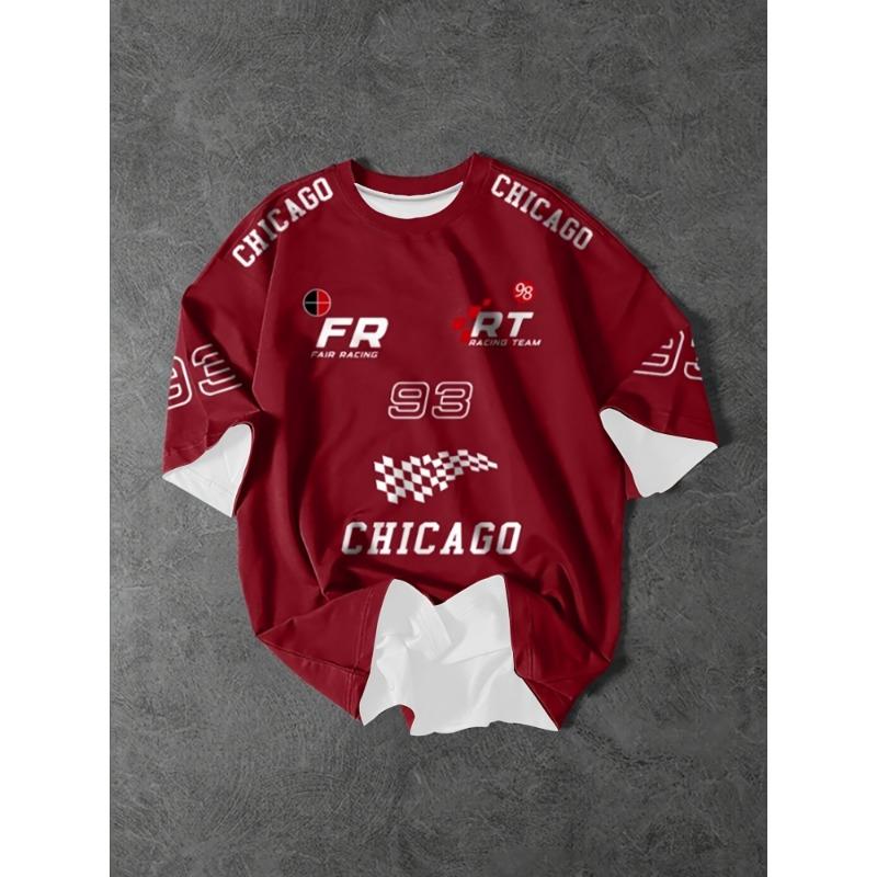 Men'S Retro Racing Pattern Short Sleeve T-Shirt - Breathable Polyester, Chicago Street Style Logo Design
