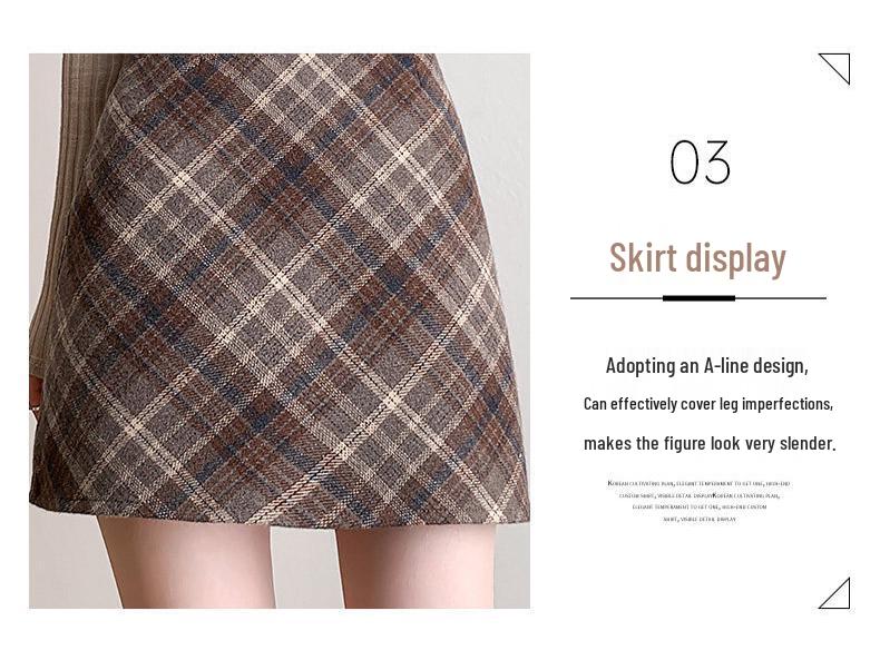 Women's Retro Wool Plaid A-line Skirt - High Waist, Slimming, Anti-exposure, Hip-hugging, Short Korean Style for Autumn/Winter
