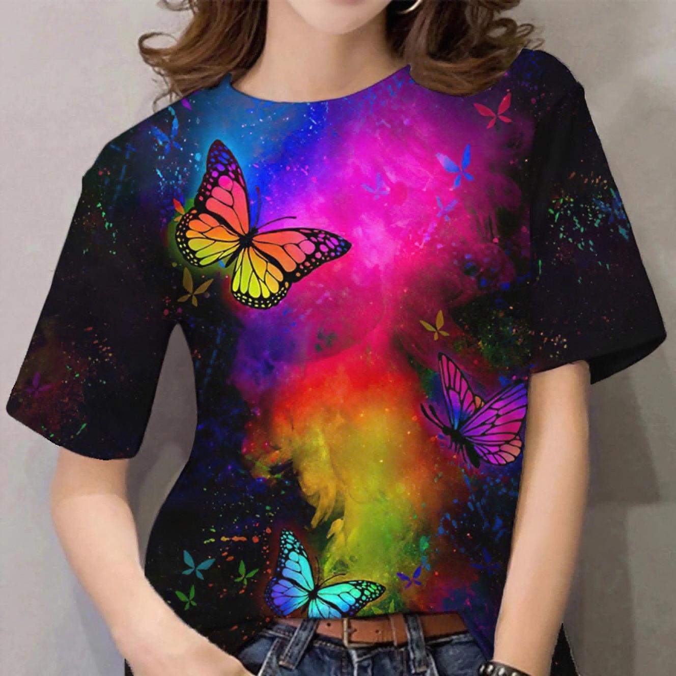 

Summer Round Neck Butterfly Pattern 3D Print Top Fashionable Casual Short Sleeved Women s T-shirts XS