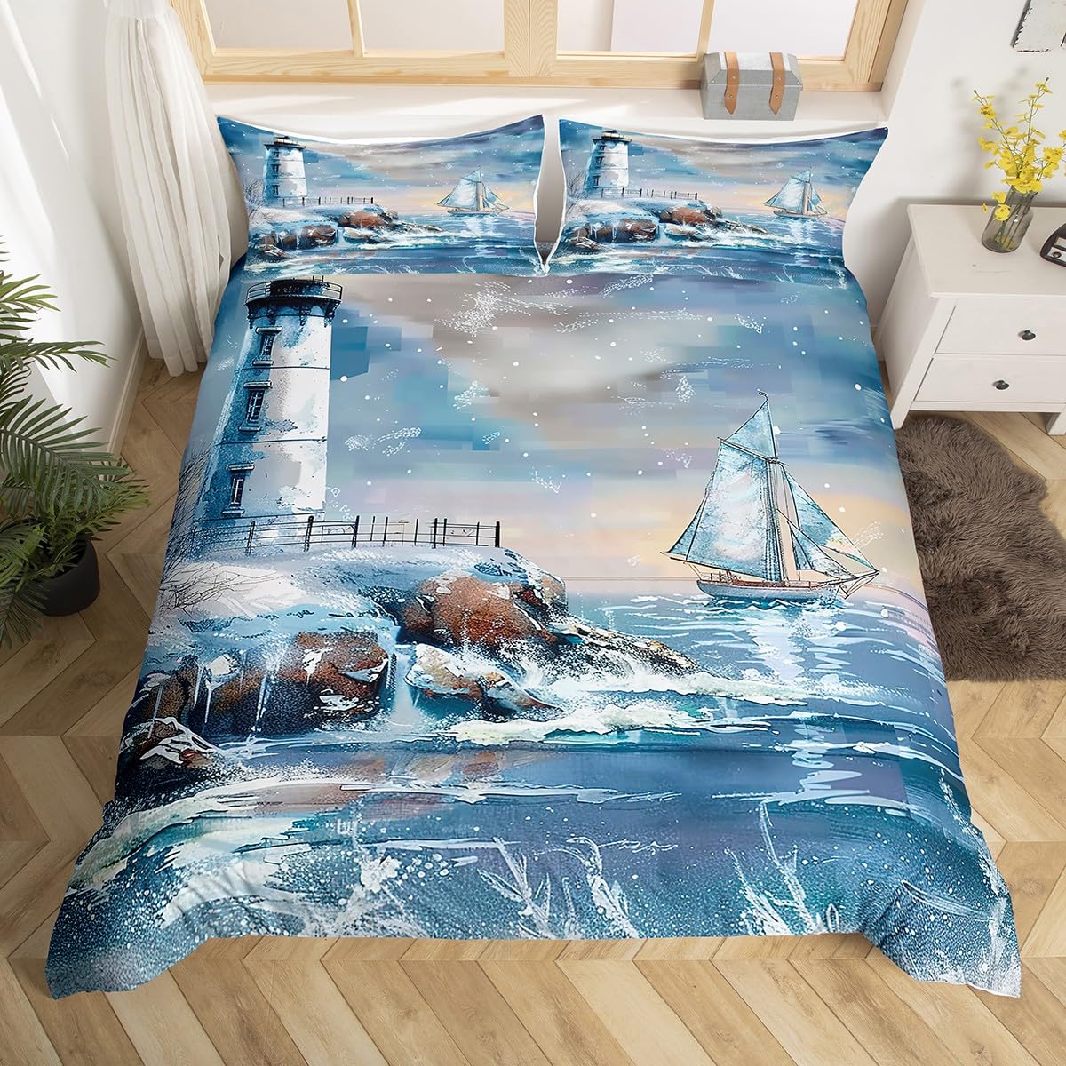 

Nautical Comforter Cover Sailboat Lighthouse Duvet Cover Watercolor Ocean Themed Bedding Set Summer Beach Polyester Quilt Cover EU Single(135*200cm)3pcs