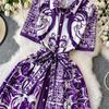 Vintage Red Baroque Print Shirt Dress Women Turn Down Neck Short Sleeve Button Front Belted High Waist Party Vacation Midi Dress