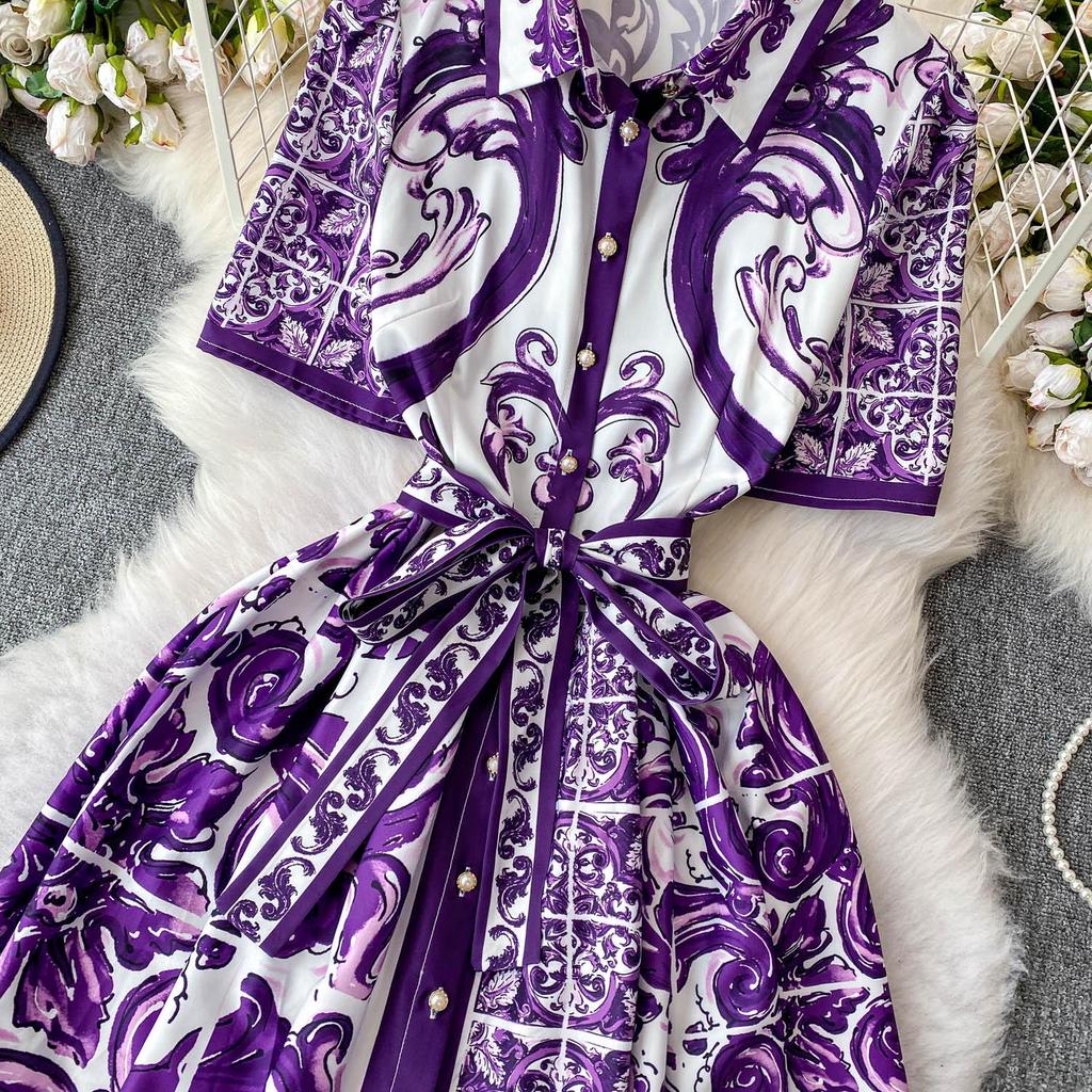 Vintage Red Baroque Print Shirt Dress Women Turn Down Neck Short Sleeve Button Front Belted High Waist Party Vacation Midi Dress