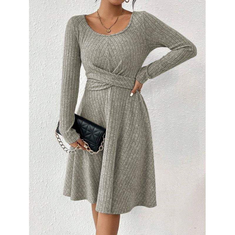 

& Fall New Arrival Europe and America Cross Border Fashion round Neck Pure Color Silm Slim Looking A- line Long Sleeve Dress Bottoming Skirt Dress Oatmeal Color XL