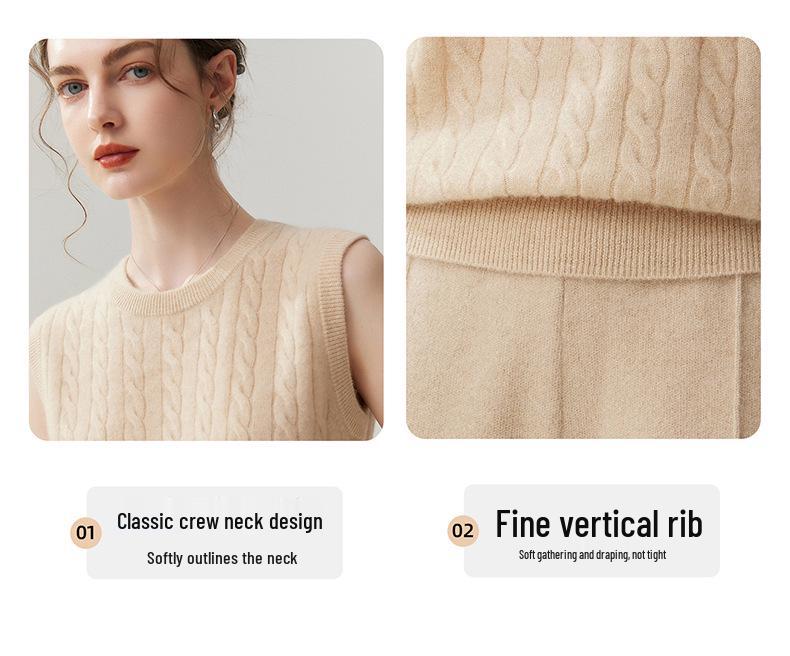 Lekasha Women's 100% Pure Cashmere Sleeveless Cable Knit Sweater for Autumn & Winter