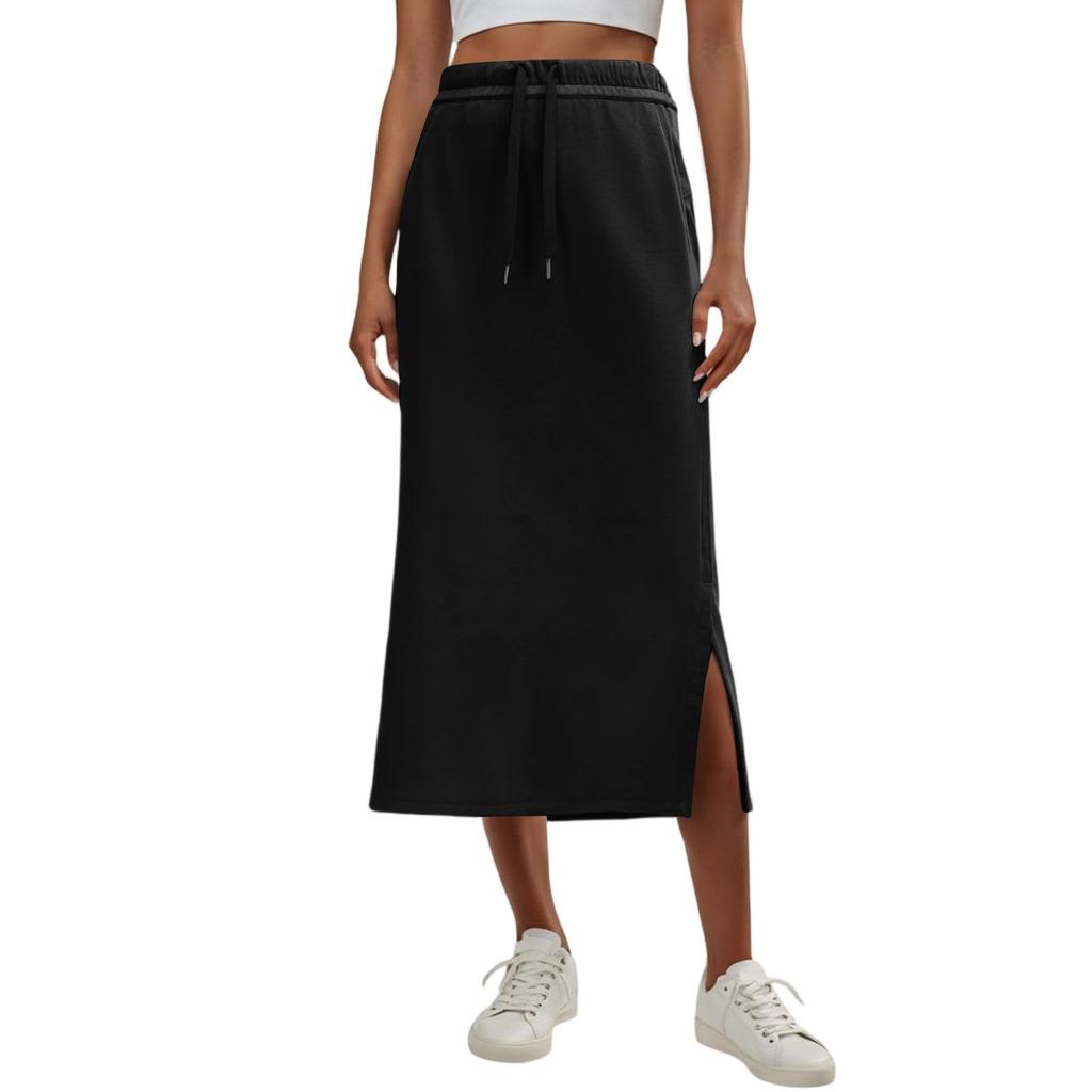 Womens Casual Maxi Skirts  High Waist Trendy Drawstring Side Slit Skirts With Pockets