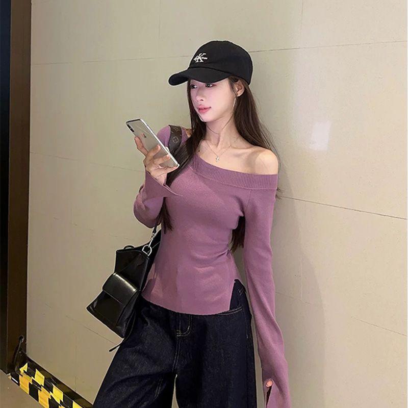 

Сексуальные пуловеры женские с открытыми плечами укороченные трикотажные базовые вещи осень универсальные с боковыми разрезами простые нежные тонкие нежные соблазнительные XL фиолетовый