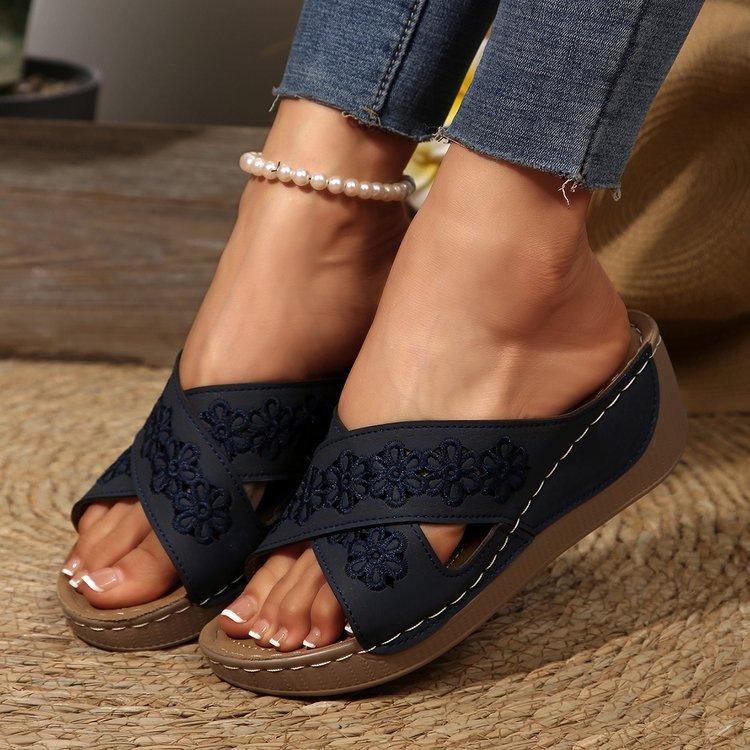 Summer Ladies Cross Wedge Heel Thick Bottom Slippers Fish Mouth Sewing Line Slippers