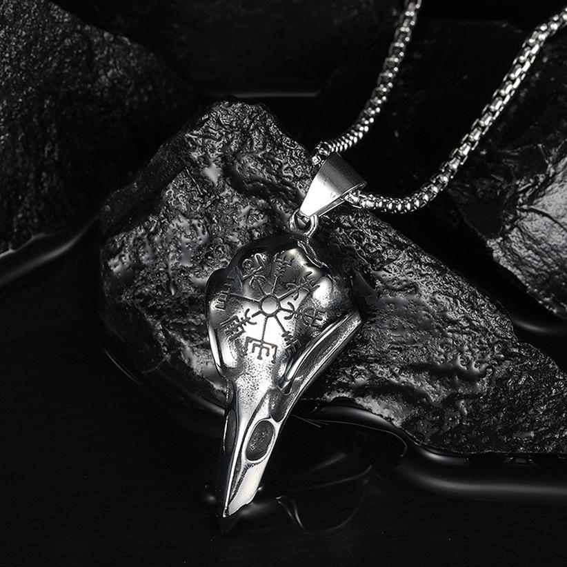 Nordic Raven Skull Viking Stainless Steel Necklace with Punk Style Eagle Beak Pendant for Men.