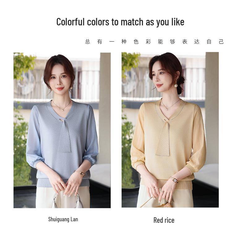 Stylish Spring & Autumn Knit T-Shirt for Middle-aged Women with Flowing Ribbon