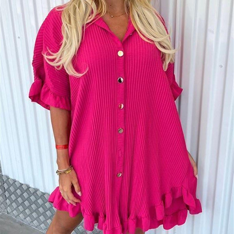 

Shirt Skirt with Ruffled Edge Sleeves Irregular Shirt Dress Rose Red 3XL