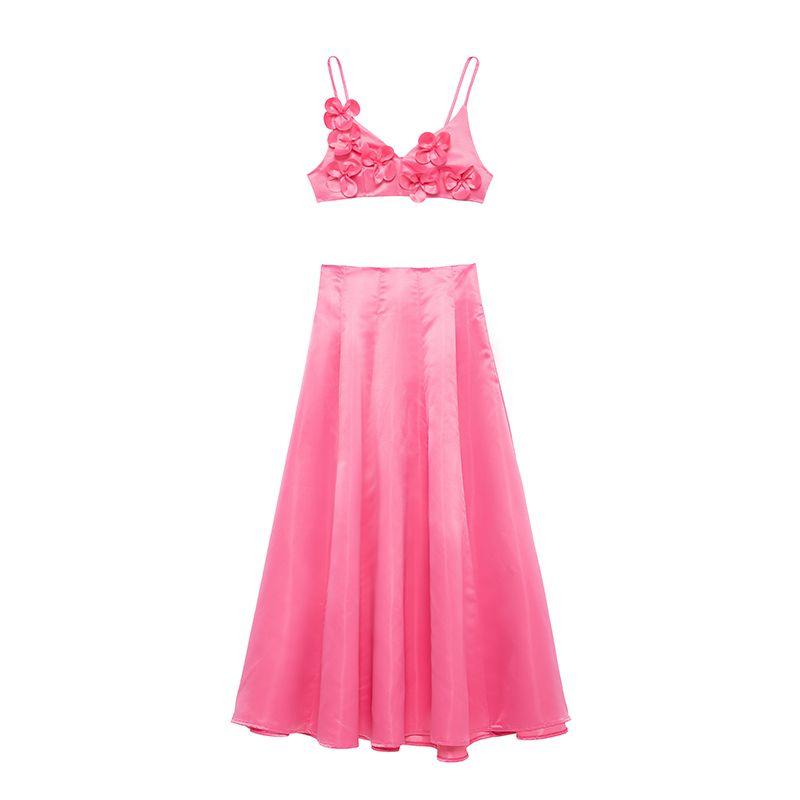 

Весна Новая Женская Одежда Инс Стиль Ленивый Цветочный Цветы Однотонные Топы + Юбка А-силуэта с Высокой Талией Костюм Pink Suit L