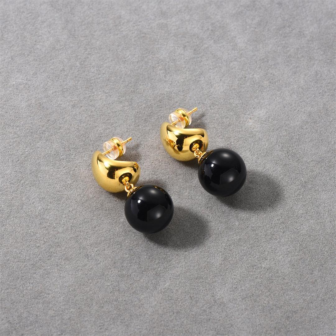 Brass Gold-Plated Black Agate Bead Stud Earrings French Retro Minimalist Premium Earrings