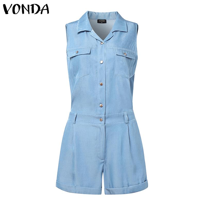 VONDA Women Summer Lapel Neck Sleeveless Buttons Elastic Waist Casual Jumpsuits Rompers