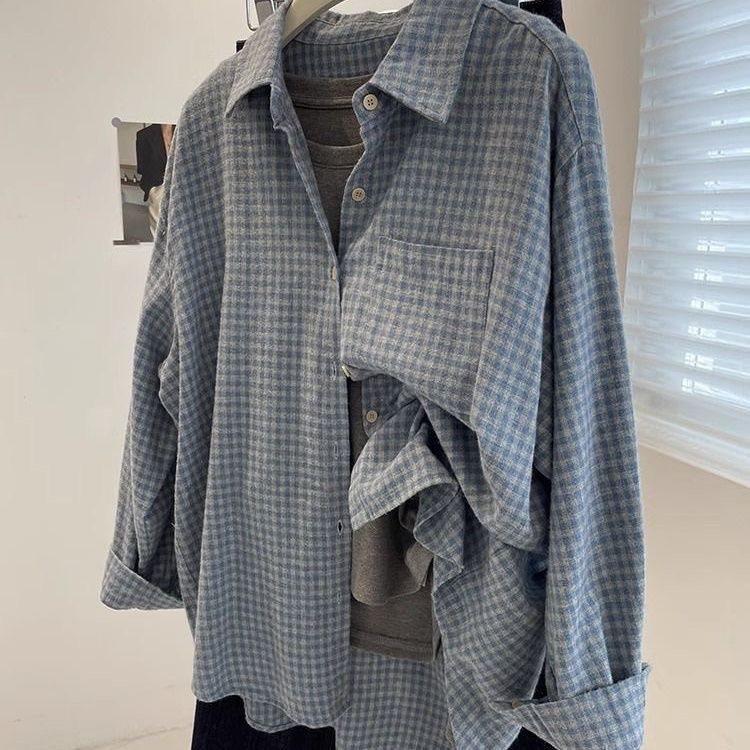 Damen Retro Blau Kariert Locker Langarm Bluse Jacke - Perfekt für Frühling & Herbst