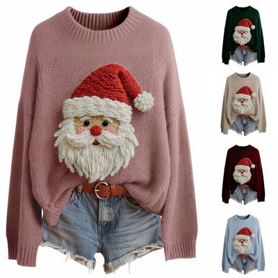 Moda Feminina Pulôver Estampa de Natal Manga Longa Gola Tricô Top