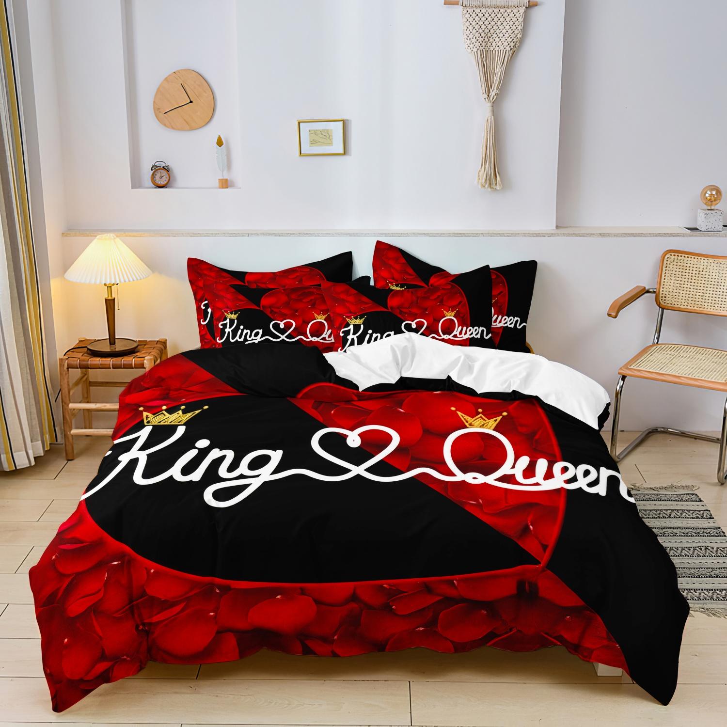 

3pcs Valentine S Day Romantic Red Rose Heart Couple King & Queen Duvet Cover Set Bedroom Decor Four Seasons Festival Gift -135x200cm&set