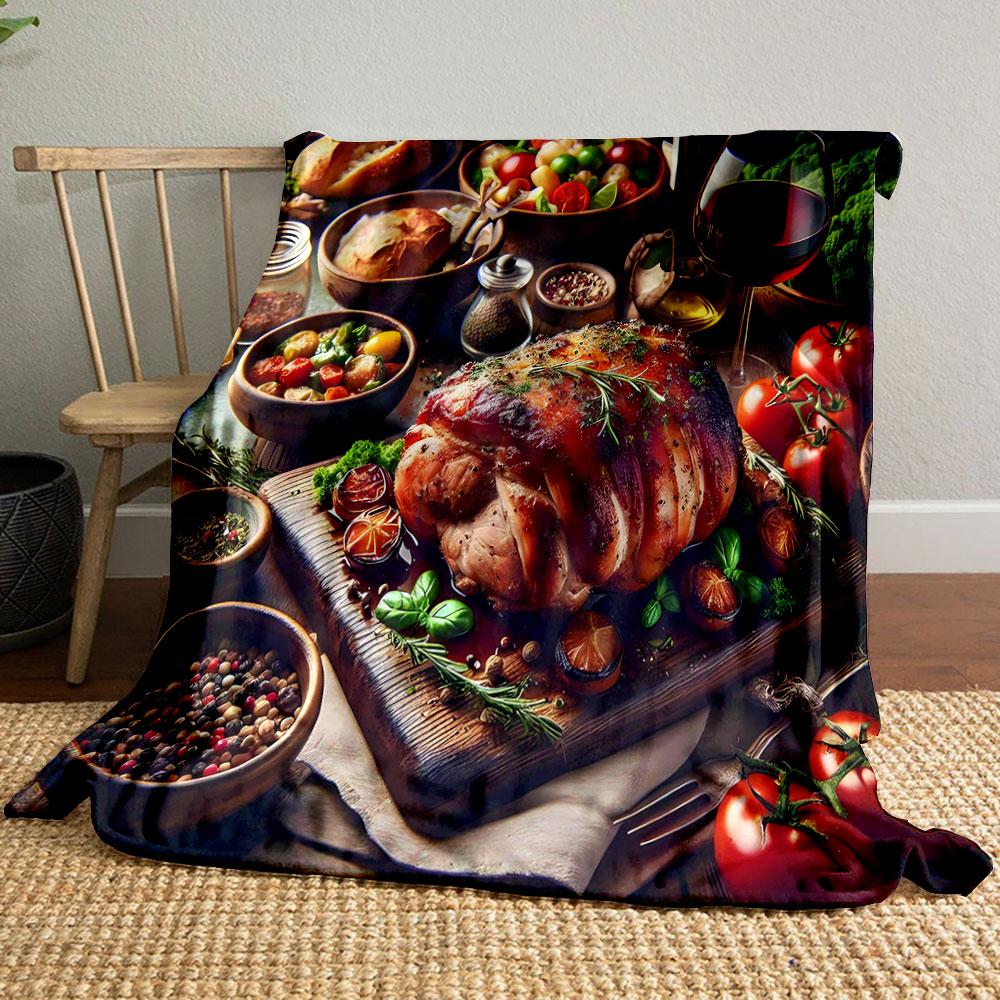 Gourmet Feast with Roast and Wine print blanket soft and cozy perfect for the living room bed sofa or a nap,gift