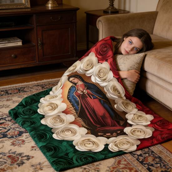 Manta da Virgem Maria e Rosas Manta Religiosa Macia Manta Aconchegante para Sofá Cama Decoração de Casa Uso para Oração Cristã Meditação