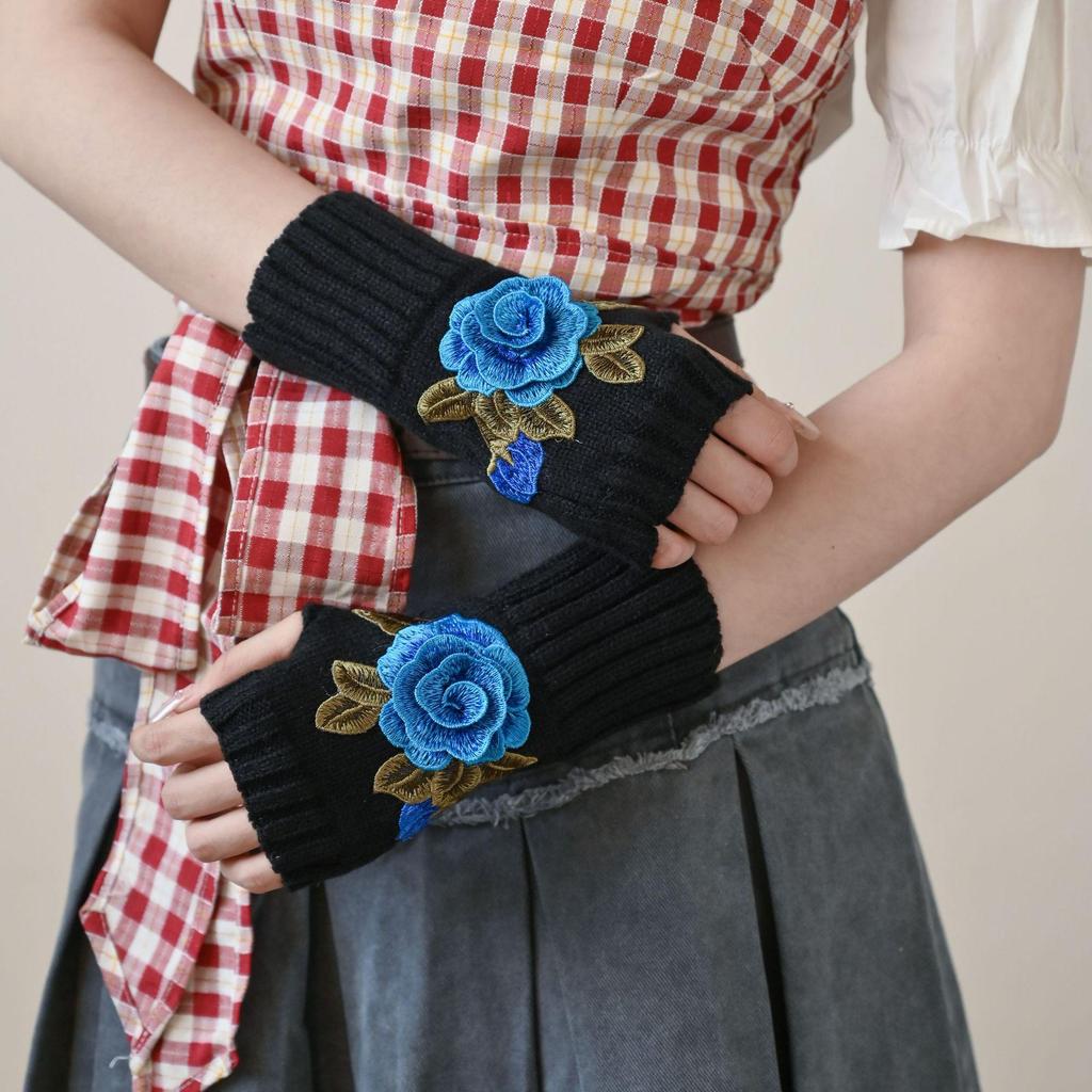 Guanti senza dita in lana floreale da donna - Scaldamani caldi ed eleganti per Autunno e Inverno
