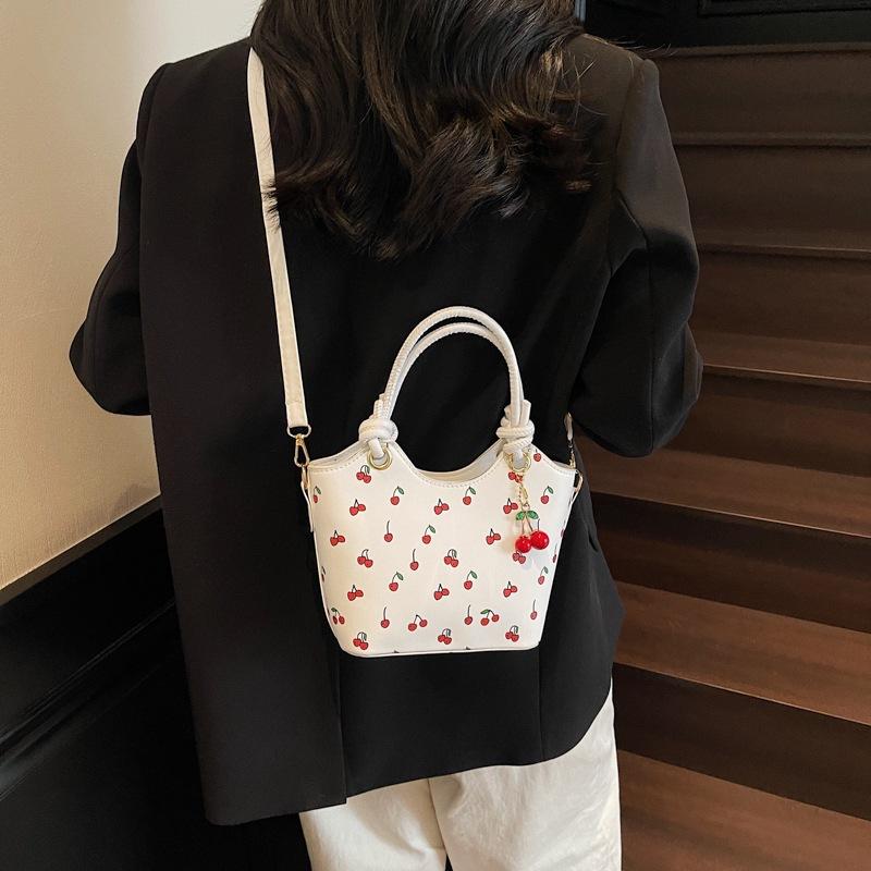 Retro Design Bag Fashionable Cherry Print Crossbody Bucket Bag Color-blocking Texture Single-shoulder Bag