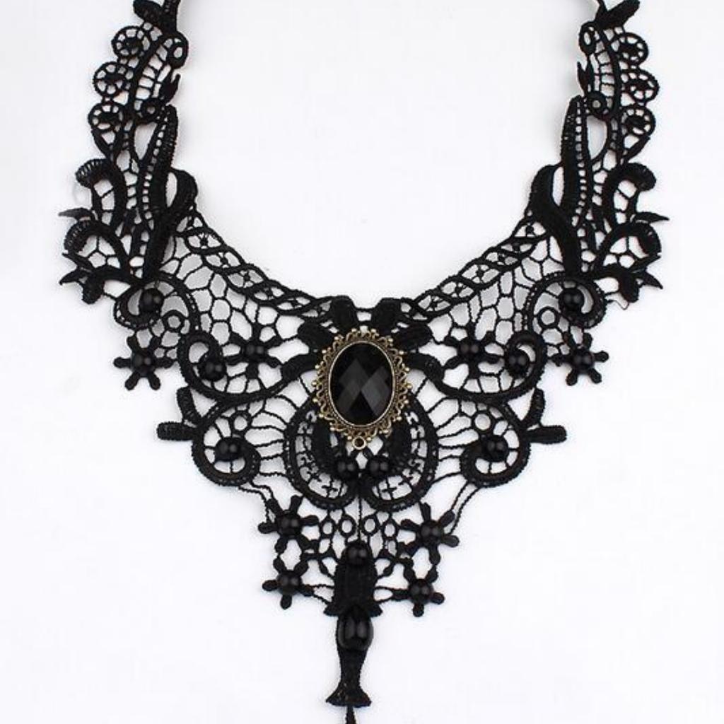 Fashion New Vintage Gemstone Black Lace Beads Choker Gothic Steampunk Style Stonego Gothic Collar Necklace ( Pack of 1/2)