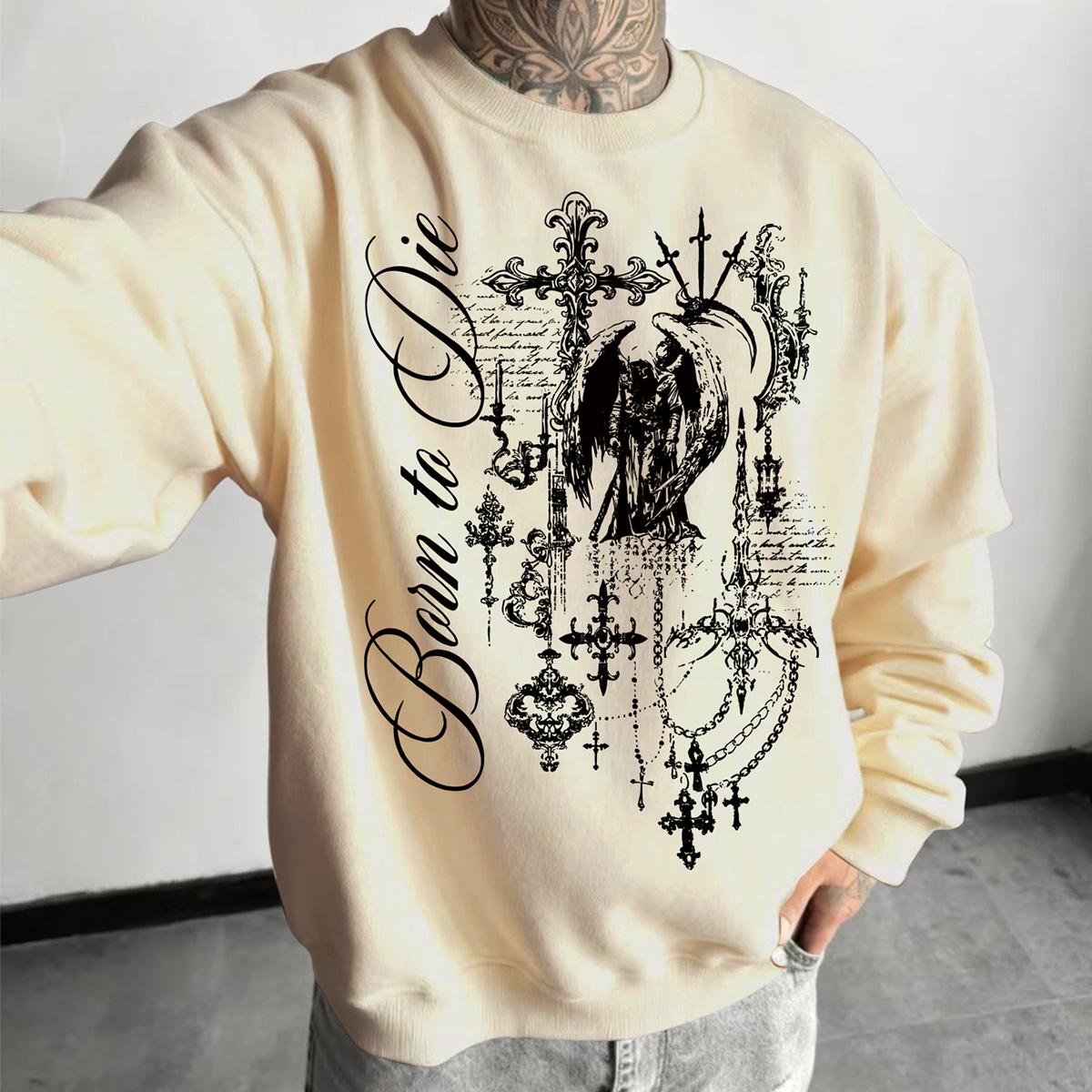 

Men s Dark Aesthetic Fashion Hoodie: “Born to Die” Angel Cross Print, Grunge High-Street Casual Pullover L