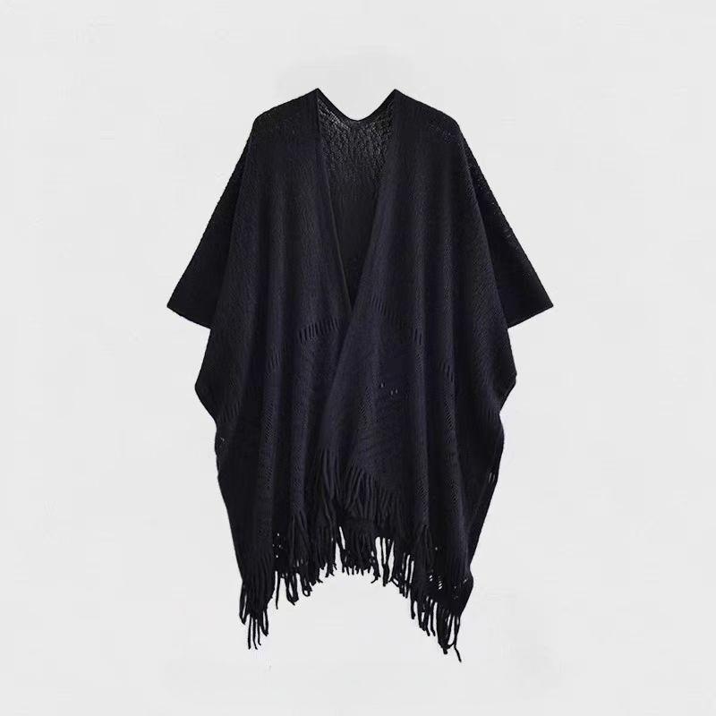 

Large Knitted Shawls for Women Hollowed Pattern Fashionable Shawl with Tassels Spring Autumn Decorative Scarf чорний