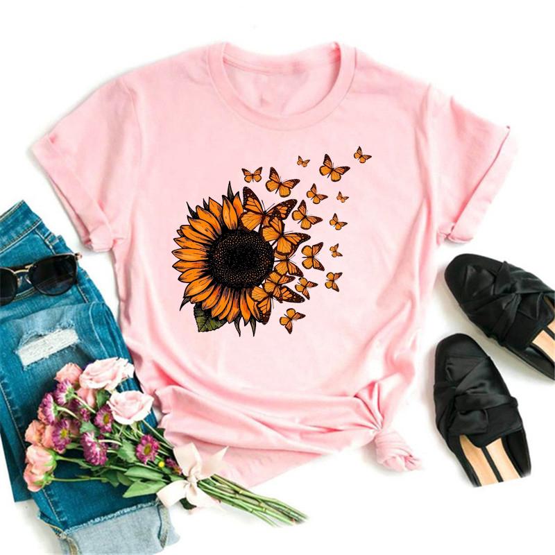 Butterfly Sunflower Style Trend Women Clothing Fashion Graphic T-shirt Summer Casual Short Sleeve Female Basic Tees Tops