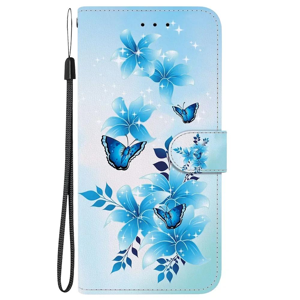 Cute Painting Leather Flip Phone Case For Samsung Galaxy S22 S23 FE S24 Plus S25 Ultra Flower Butterfly Wallet Stand Back Cover