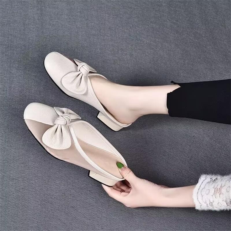 Spring low-heeled soft leather bag head cool slippers new casual outer thick-heeled single shoes