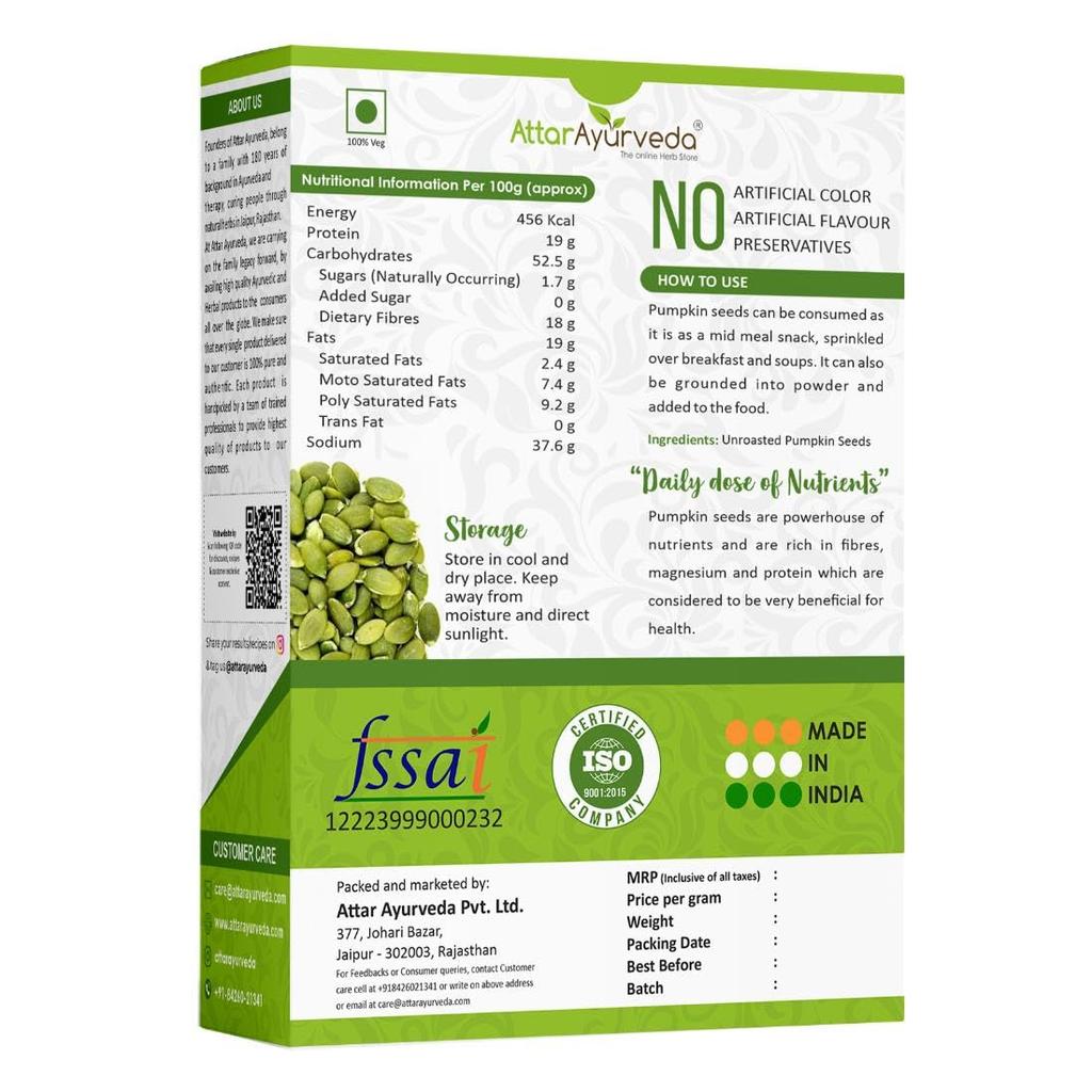 Attar Ayurveda Raw Pumpkin Seeds 250 g Unsalted Unroasted Protein Fiber Rich Healthy Snack Superfood Seeds For Daily Eating