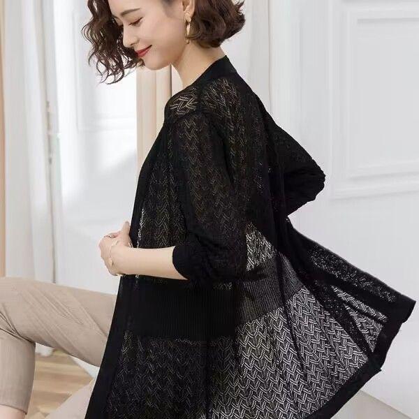 Summer Women's Knitted Jacket Solid Color Cutout Open Front Knitted Cardigan Thin Sunscreen Shawl