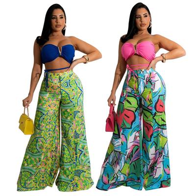 V-Ausschnitt Bandeau Print Weite Hosen Modeables Freizeit Damen Set