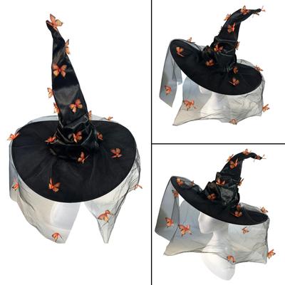 Unisex Halloween Wizard Witch Hat with Butterfly Applique Wizard Hat Adult Teenager Cosplay Witch Festivals Party Tool