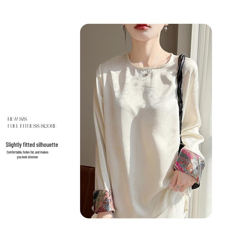 2026 New Spring & Autumn Chinese Style Embroidered Jacquard U-Neck Long-Sleeve Loose Pullover Women's Top