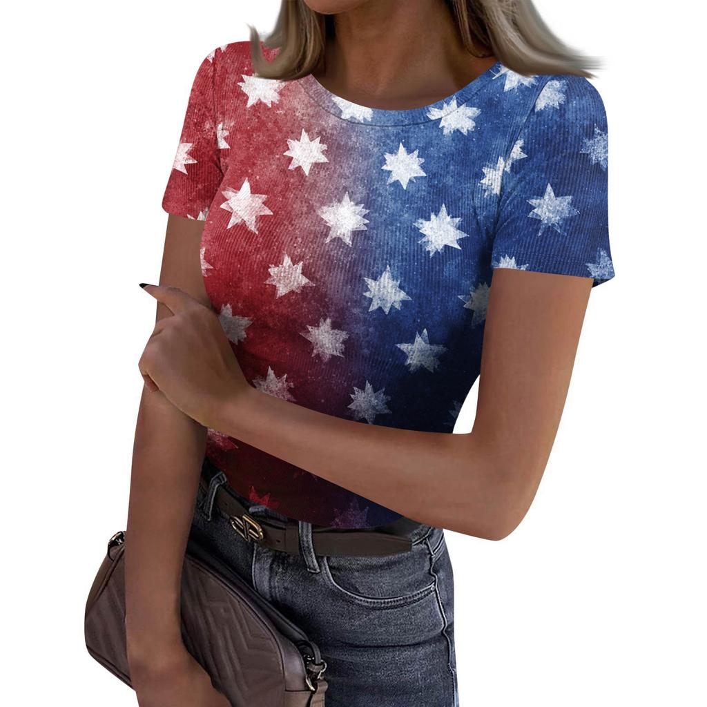 Women's Casual Fashion Round Neck Independence Day Print Short-Sleeve Ribbed Top